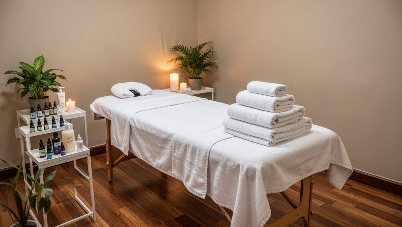 Clean professional massage treatment room interior in Westlands Nairobi spa with massage table, fresh white linens, folded towels, essential oils, lotion, candle, plants, soft lighting, polished floors, and neutral walls creating an inviting calm atmosphere. No people, text, logos, or watermarks present.