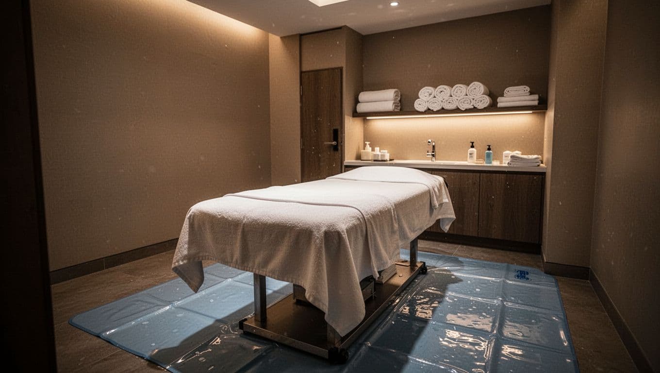 A spotless professional spa room for Nuru massage with an empty centered massage table on a waterproof mat covered in fresh white linens, sanitized surfaces, neatly folded towels on a shelf, and soft warm cinematic lighting.