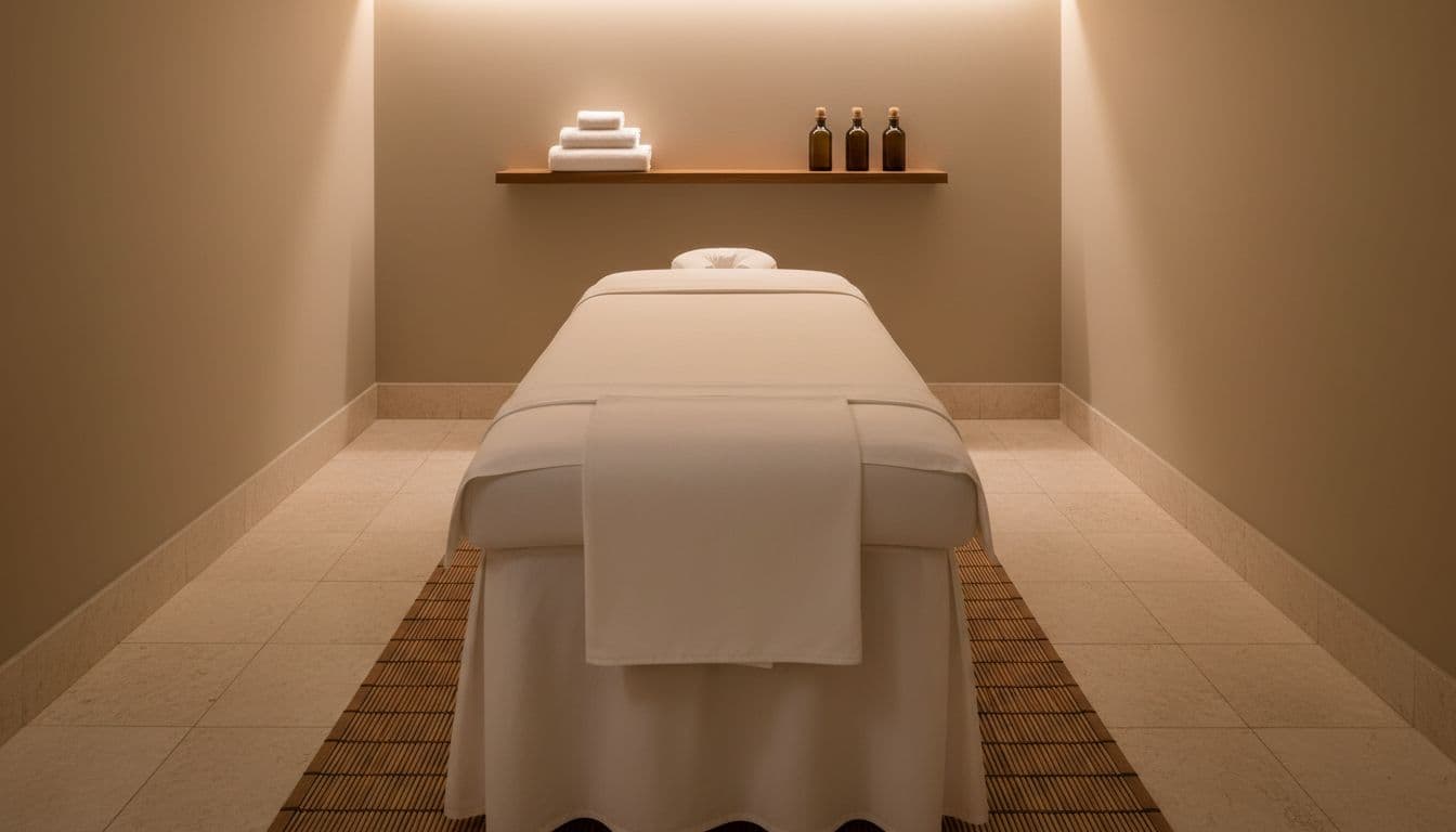 A clean professional massage room in a spa features a centered massage table with fresh white linens and a draped modesty sheet, under dim ambient lighting. A small shelf holds folded towels and oil bottles in a serene, uncluttered atmosphere with no people or additional objects.