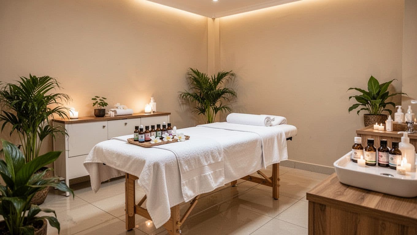 Spotless spa treatment room in Kilimani Nairobi featuring a massage table with fresh white linens, neatly arranged essential oils, soft lighting, plants, and pristine surfaces for a serene atmosphere.