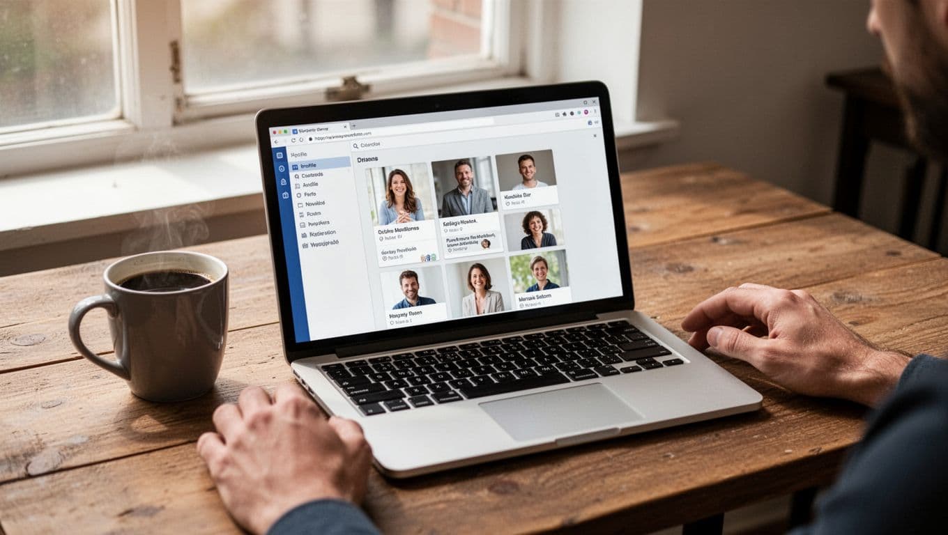 Laptop on a wooden desk with a coffee mug nearby, displaying a clean directory page layout implied by grid thumbnails of profiles, under natural window light with two hands resting nearby, no person visible and no screen text shown.