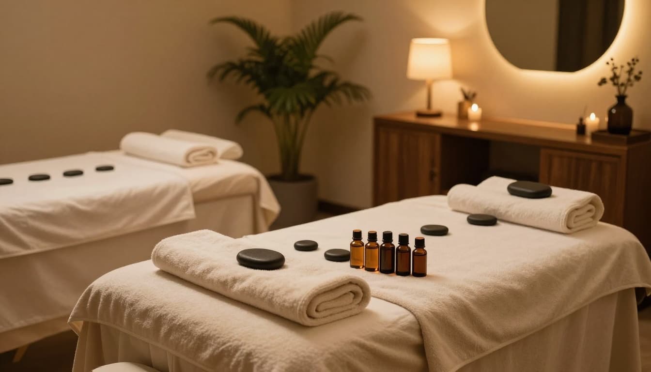 A clean and inviting spa interior features a massage table with fresh towels, essential oils, hot stones in a warmer, dim soothing lights, wooden accents, and potted green plants, evoking a professional atmosphere ideal for Swedish, deep tissue, aromatherapy, or hot stone massages.