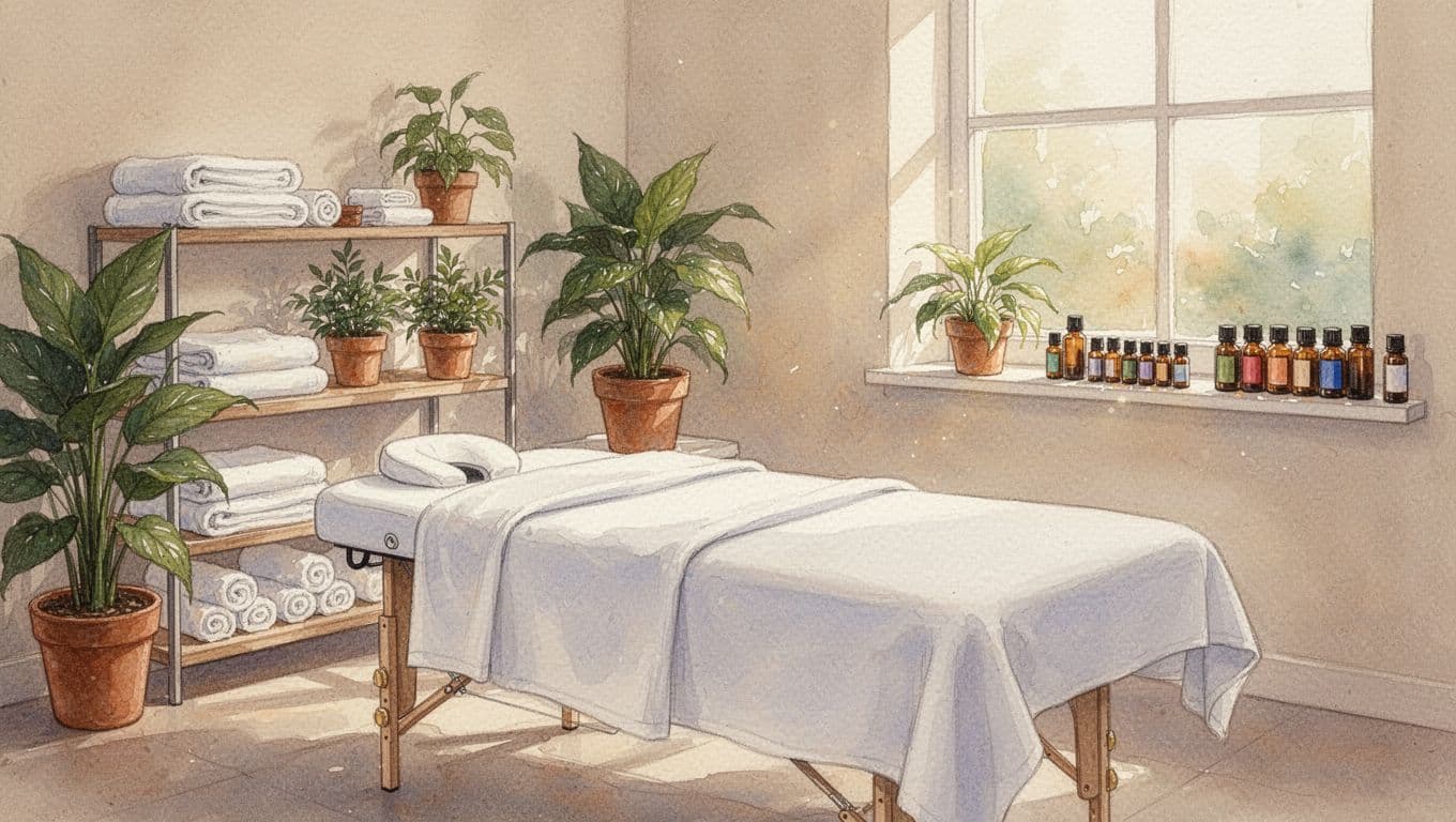 Massages in Langata: A Clear Guide from Fortune Massage & Spa 15 Empty spa room shows massage table with white linens, folded towels on shelf, potted plants, essential oil bottles, and soft window light in watercolor style.