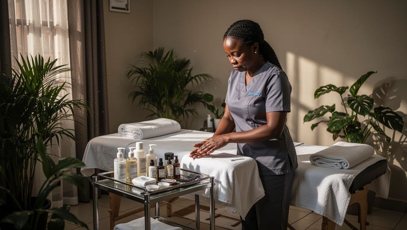 Immaculate interior of Velva Massage spa in Kilimani, Nairobi, featuring high hygiene standards with fresh linens, sanitizers, sealed oils, and a skilled female therapist preparing tools in a serene, plant-filled atmosphere with soft cinematic lighting.
