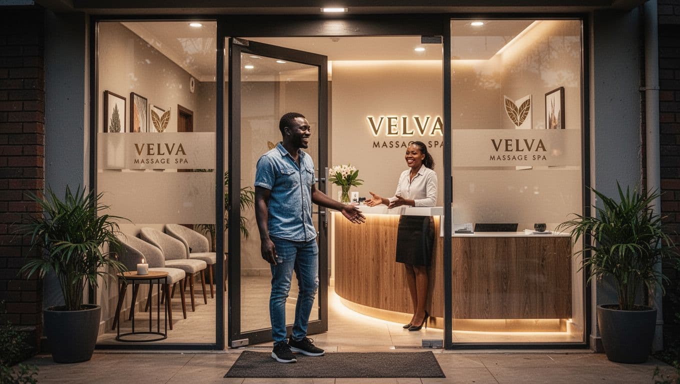 Kenyan client in casual clothes arrives at the clean modern entrance of Velva Massage spa on Lenana Road in Kilimani, Nairobi, greeted by a smiling receptionist in a relaxed welcoming atmosphere with warm ambient lighting and cinematic style.