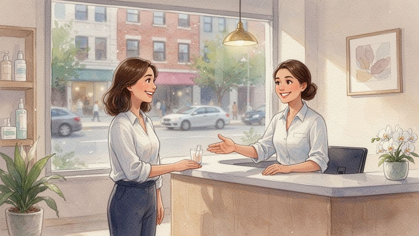 A smiling client arrives at a welcoming massage spa reception on Biashara Street in Nairobi CBD, greeted warmly by a staff member behind the counter under soft warm lighting with a blurred urban street background, rendered in watercolor style.