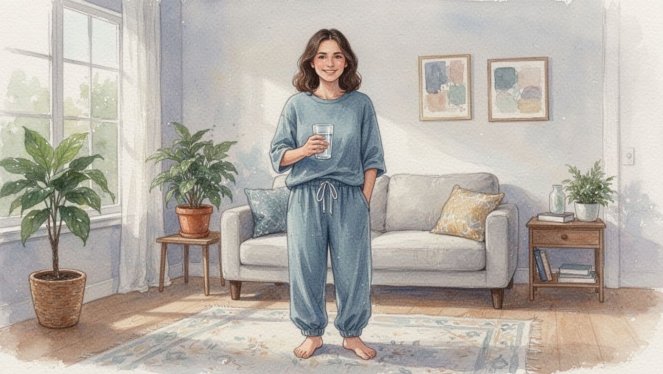 Client in comfortable loose clothes holding a glass of water, standing relaxed in a cozy home interior preparing for deep tissue massage appointment, natural light, watercolor style.