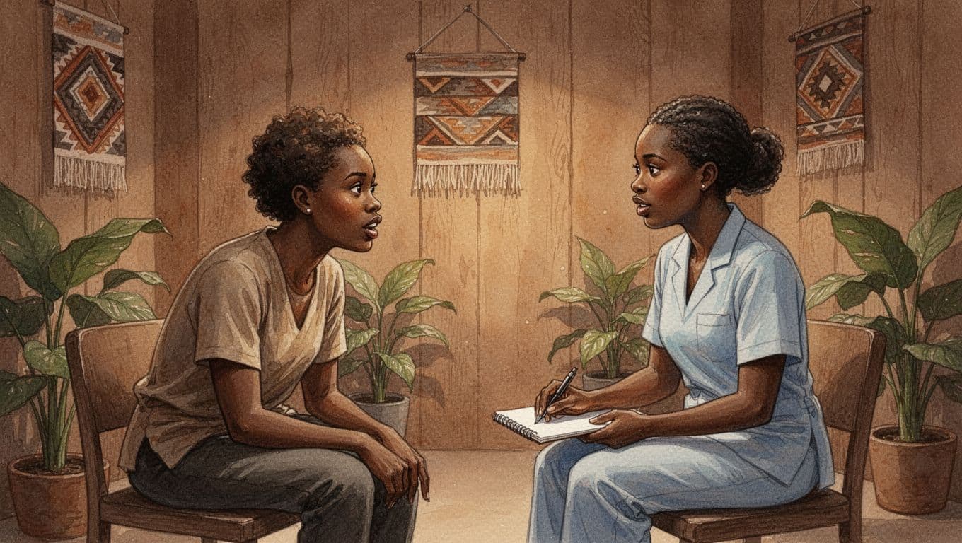 Client seated asking questions to attentive massage therapist with notepad in cozy Nairobi spa setting, watercolor style with soft earth tones and warm lighting.