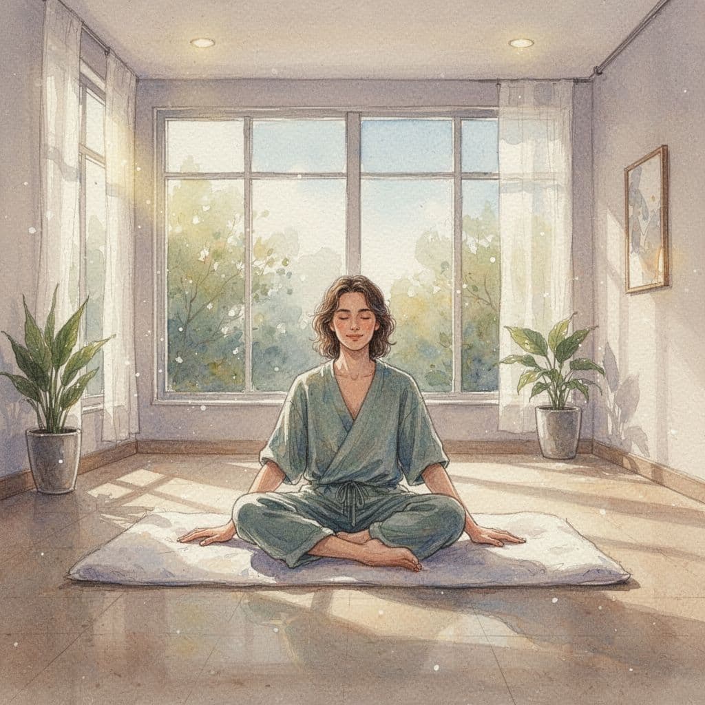 A person in loose clothing sits on a mat in a sunlit, peaceful room.