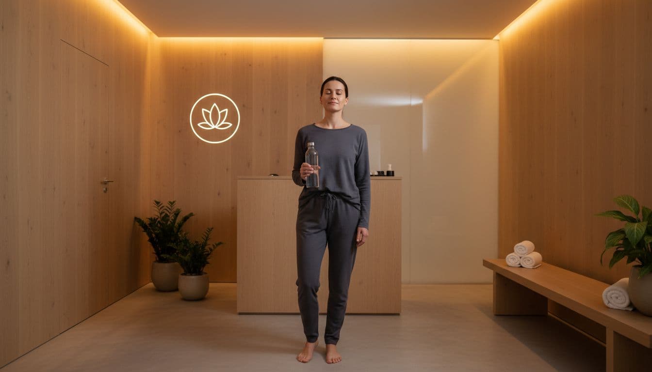 A fully clothed adult client wearing stretchy pants and top stands relaxed in a tranquil spa reception, holding a water bottle, ready for a Thai massage session with soft warm lighting and serene modern decor.