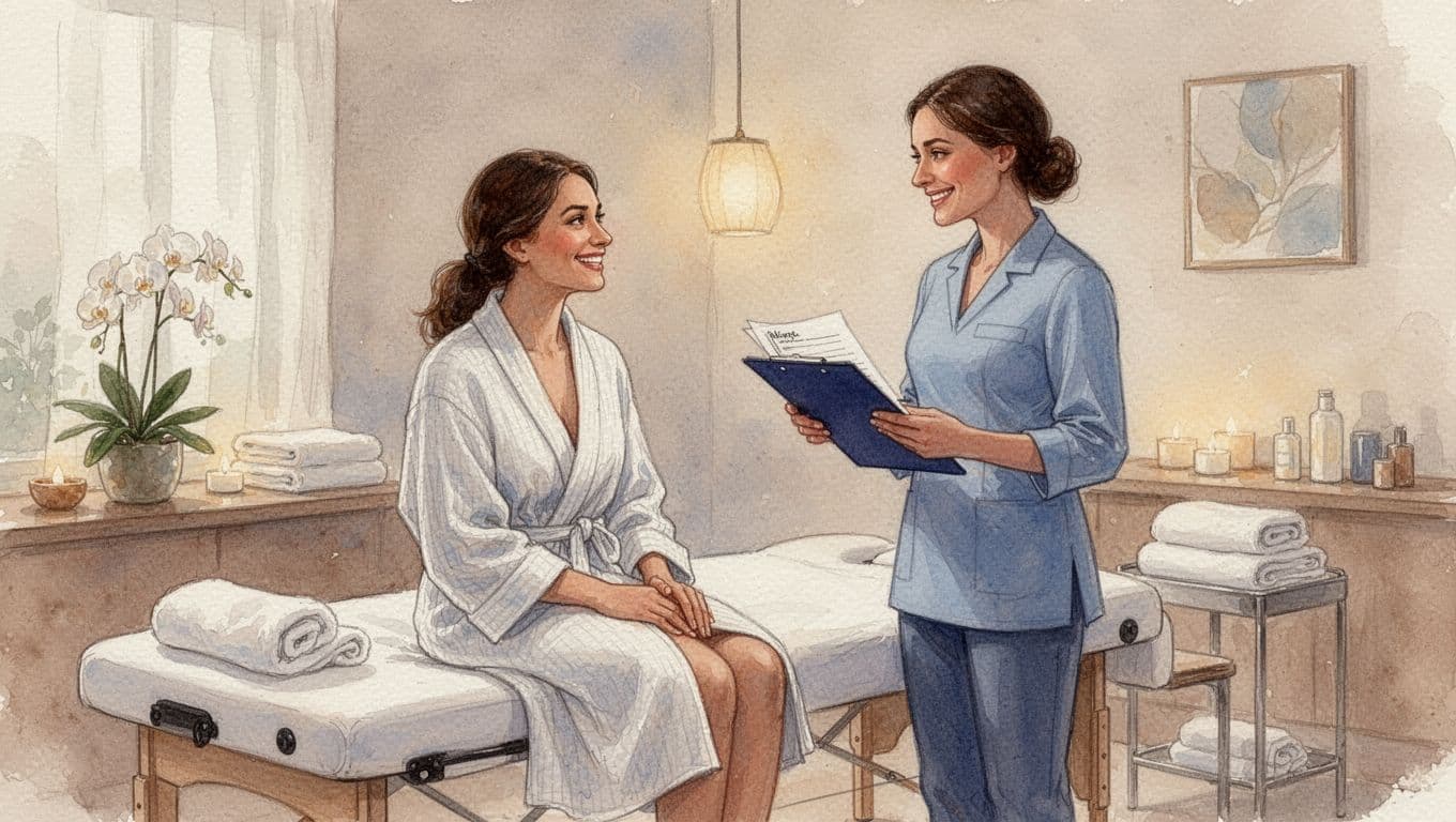 Client sitting on the edge of a massage table in a robe talks calmly with a standing therapist holding a clipboard intake form in a serene spa room with soft lighting and towels nearby. Both smile in a watercolor style featuring soft blending, visible brush texture, and warm earthy tones.
