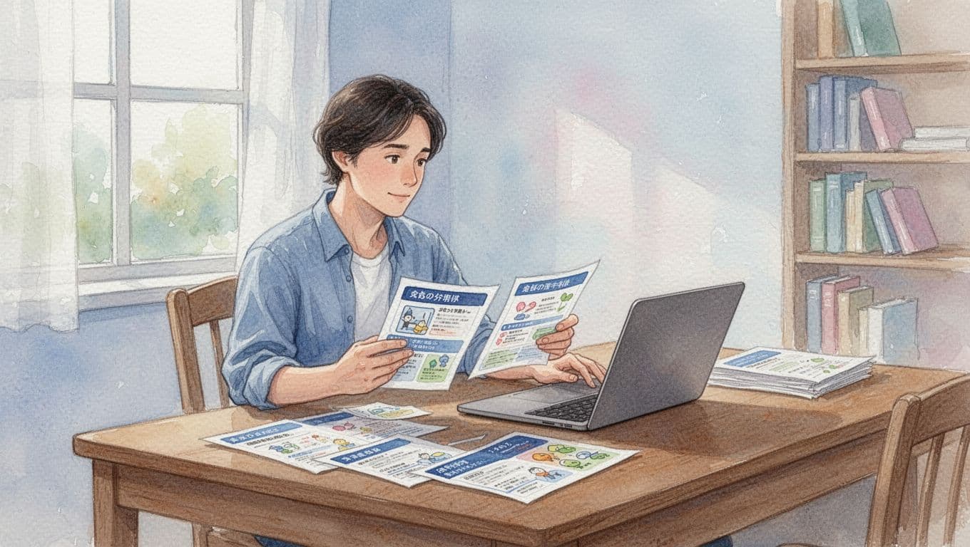 A person sits at a desk reviewing colorful spa brochures and price lists next to their laptop. The soft watercolor style features gentle brush textures and a calming, light-toned aesthetic.