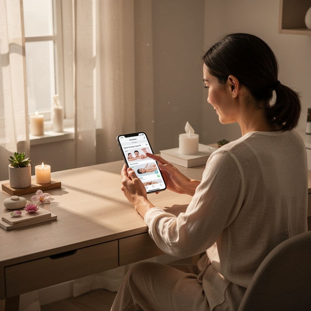 A person sits at a tidy wooden desk in a sunlit room, focusing intently on a smartphone screen to compare local spa treatment prices while jotting notes in a nearby planner.