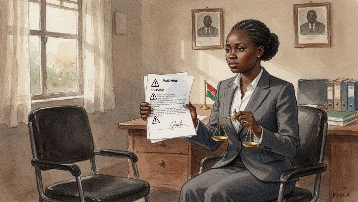 A concerned Kenyan woman in professional attire holds a contract document marked with red flag warning icons, sitting across from an empty chair in a plain Kenyan law office, in watercolor style with soft earth tones.