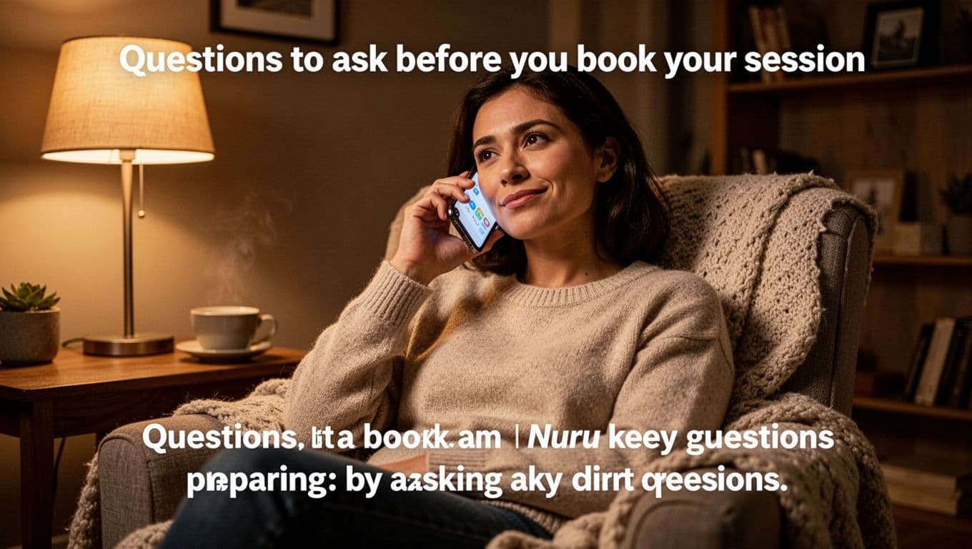 A single person sits relaxed in a cozy chair, holding a smartphone to their ear with a thoughtful confident expression, preparing to book a Nuru massage by phone in a warm home with soft lamp light and cinematic dramatic lighting.