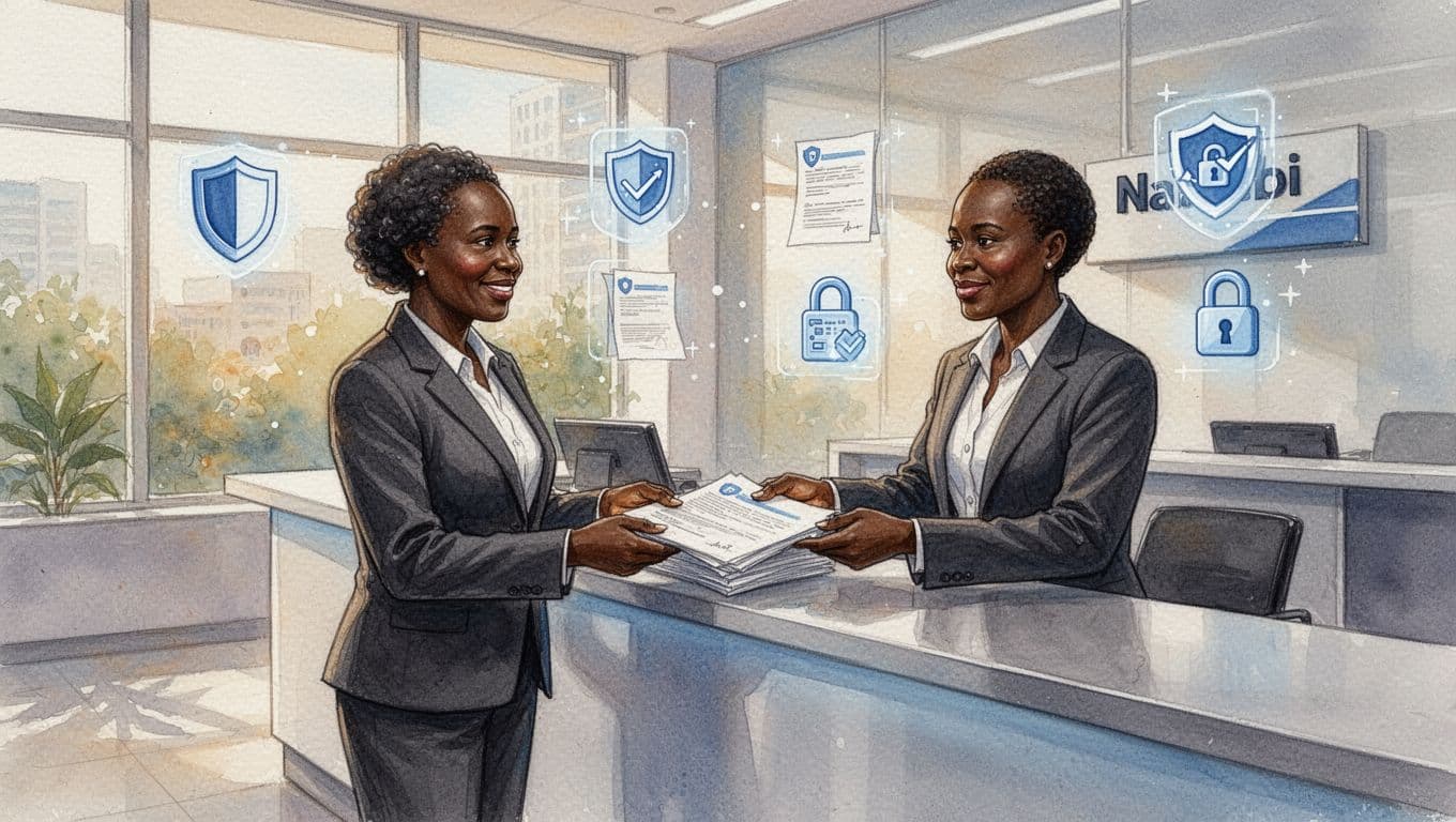 A confident middle-aged Kenyan woman in business attire receives documents from a bank teller at a modern Nairobi branch counter, with subtle icons symbolizing rights to information, fair treatment, and data privacy, in watercolor style.