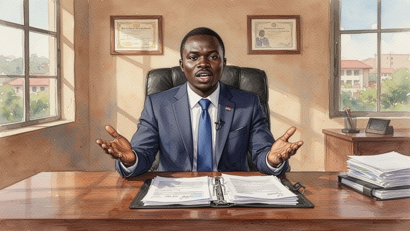 Confident Kenyan lawyer in suit at wooden desk in sunlit Nairobi office, sharing winning civil case tips with organized evidence folders and checklist icons, watercolor style with warm earthy tones.