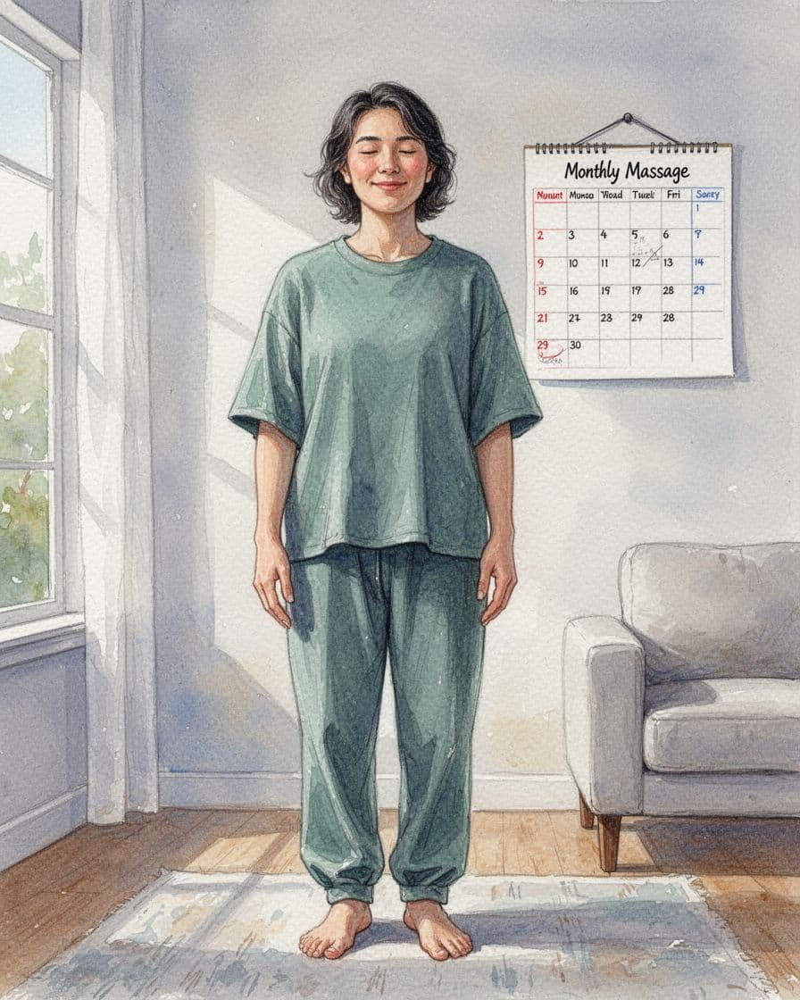 Person standing confidently with good posture in a home setting, calendar on wall marked for monthly massages, relaxed expression in loose clothing, watercolor style with soft blending and calm tones.