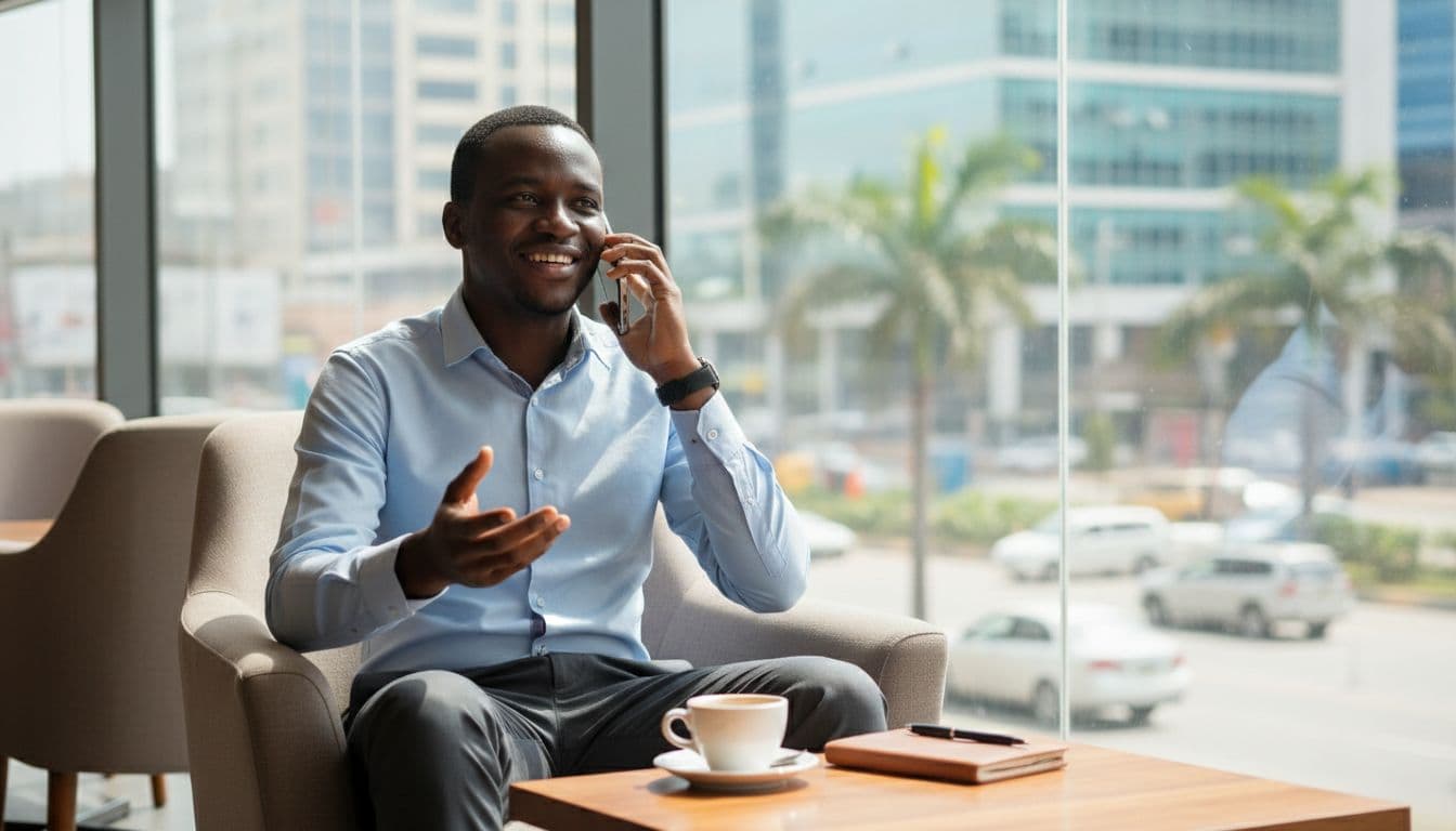 A single person sits comfortably in a modern Nairobi cafe, holding a smartphone to their ear while booking a spa appointment with a relaxed, confident expression. Blurred city street view through the window in natural daylight.