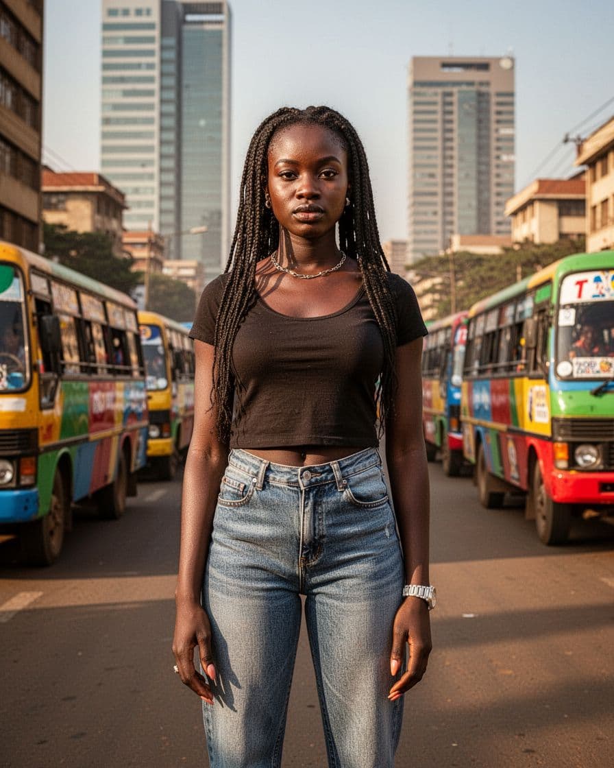 Confident young Kenyan transgender woman in casual modern attire stands tall on a sunny Nairobi street with matatus and skyscrapers in the background, portrait composition in realistic style.