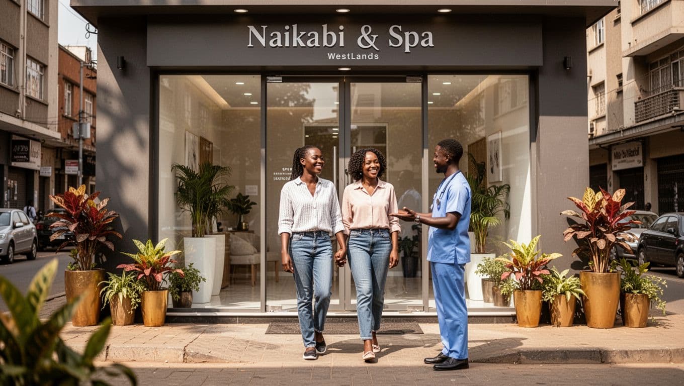 A smiling excited couple arrives at the modern entrance of Ruby Massage spa in Westlands, Nairobi, warmly welcomed by a certified therapist amid an urban street backdrop with plants in daylight.