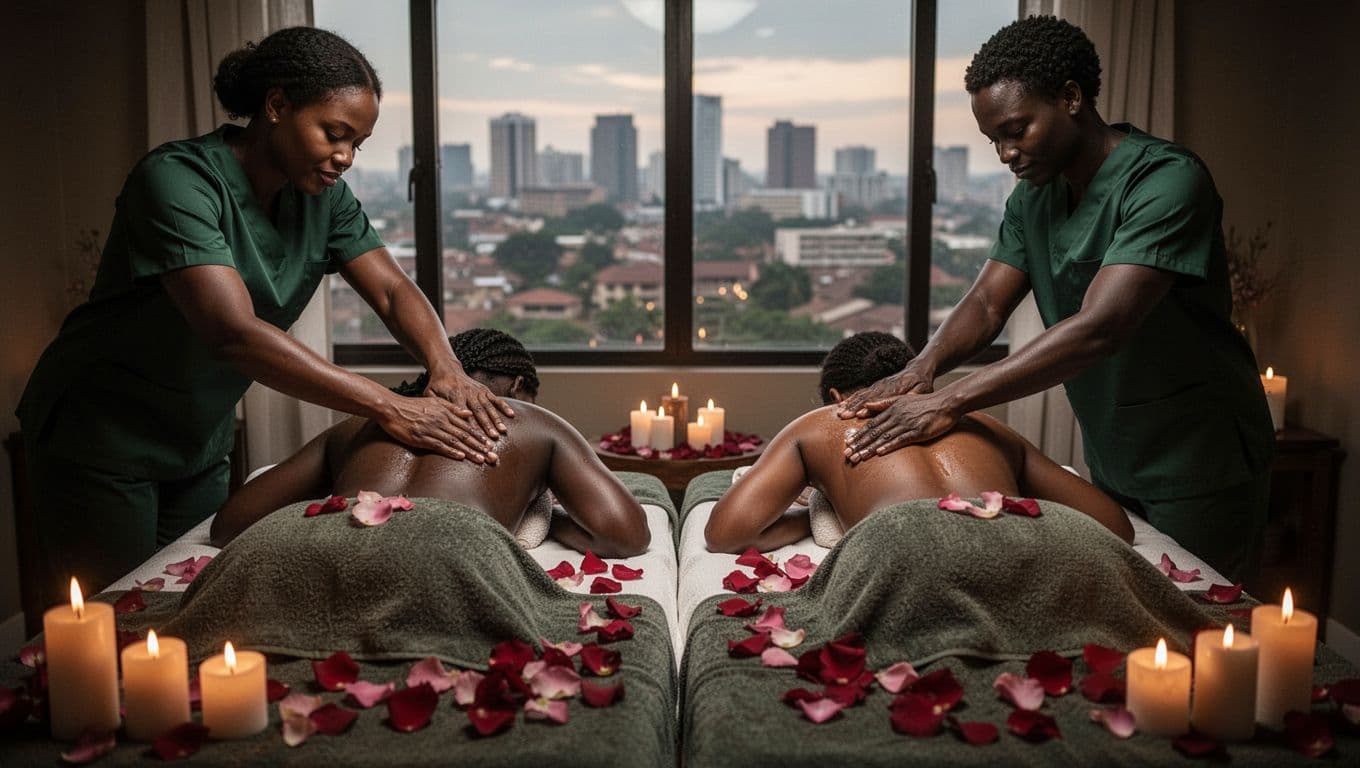 Two synchronized therapists deliver a luxurious four hands massage to a couple side-by-side on adjacent tables in a romantic Nairobi spa suite with dim lighting, rose petals, candles, and city view.