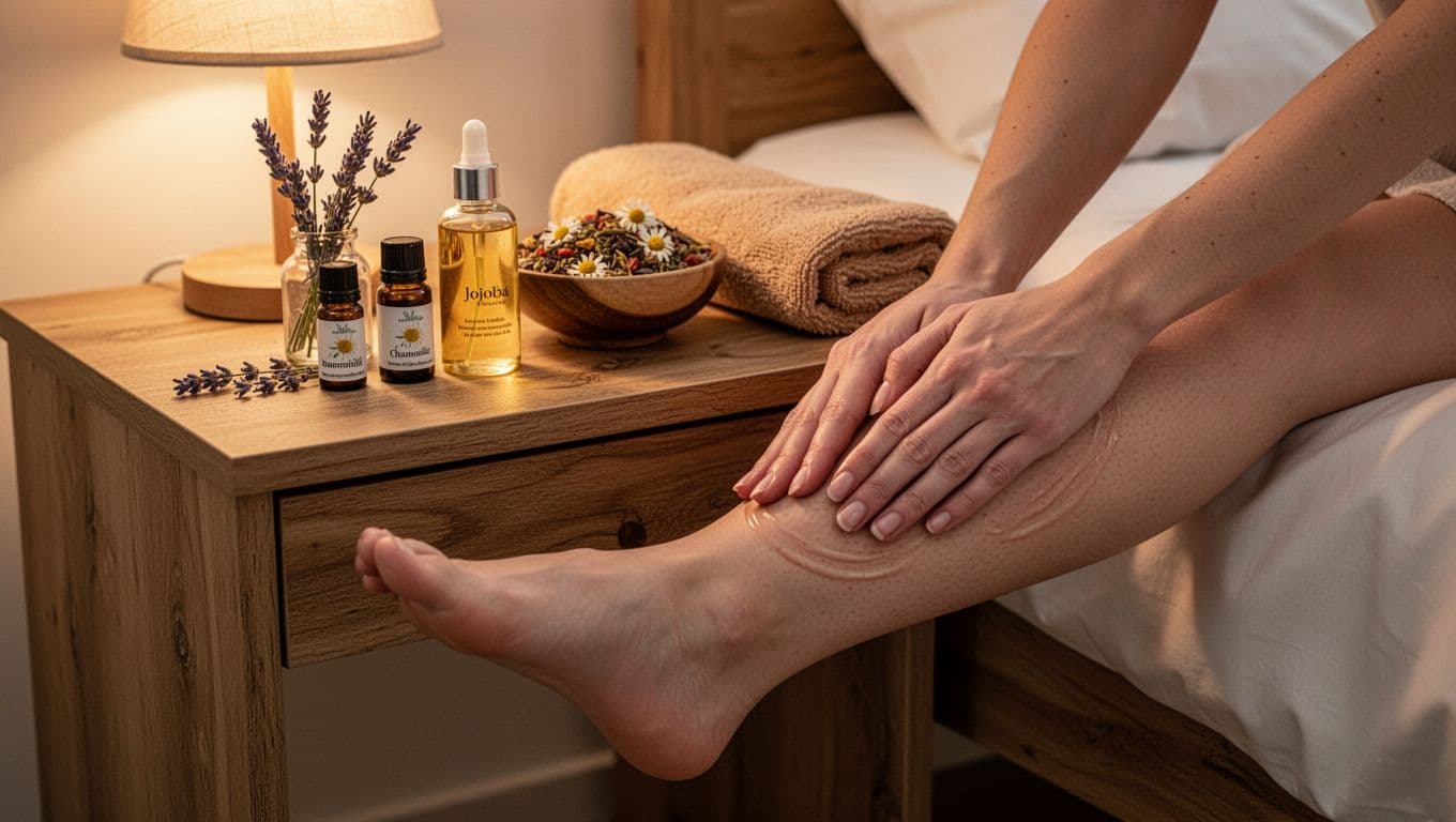 Photorealistic cozy home bedroom table setup featuring small glass bottles of lavender and chamomile essential oils, jojoba carrier oil, a mixed blend bowl, folded warm towel, and two relaxed hands performing gentle circular massage on a bare calf, illuminated by soft evening lamp light with a bold 'Starter Kit' headline.