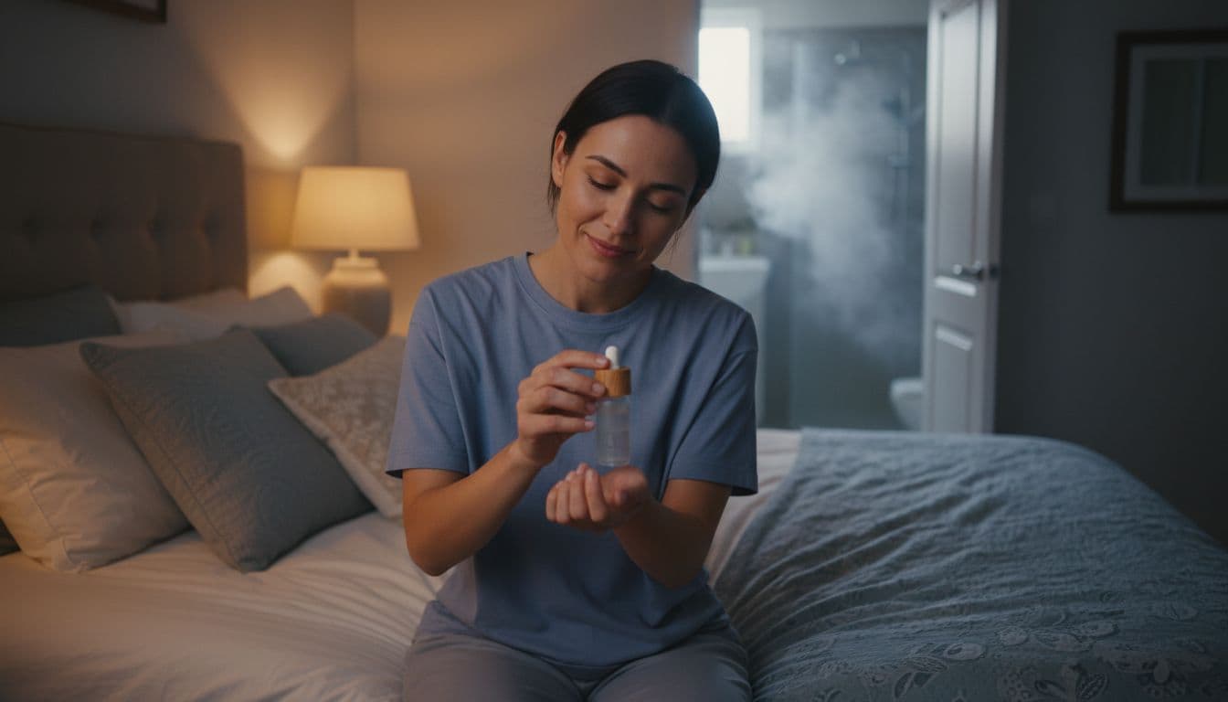 Aromatherapy Massage 6 A person in a cozy bedroom prepares for bed by applying diluted lavender oil to their wrists from a small bottle, illuminated by soft lamp light in a calm atmosphere with warm shower steam in the background.