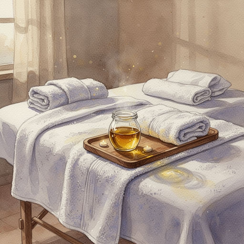 Hot Oil Massage 4 A watercolor illustration of a massage table with warm lighting and oil for a home treatment.