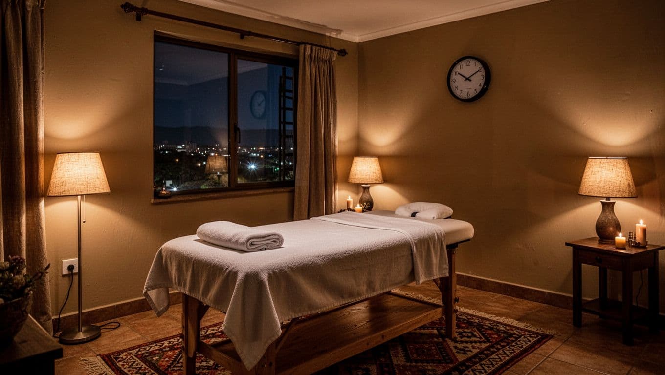 Warm ambient lamps illuminate the empty treatment room of a cozy Kilimani massage spa at 10pm, with a ready massage table, subtle clock, and faint city lights outside, creating a cinematic, inviting late-night atmosphere.