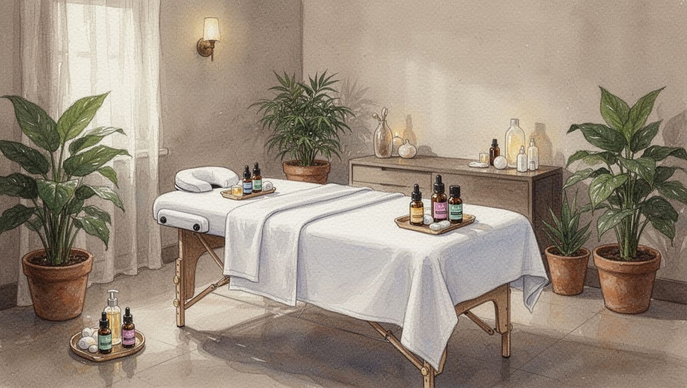 Cozy empty treatment room in a top-rated massage spa in Kilimani, Nairobi, with massage table prepared with fresh linens, essential oils, plants, and soft ambient lighting in watercolor style with warm neutral tones.