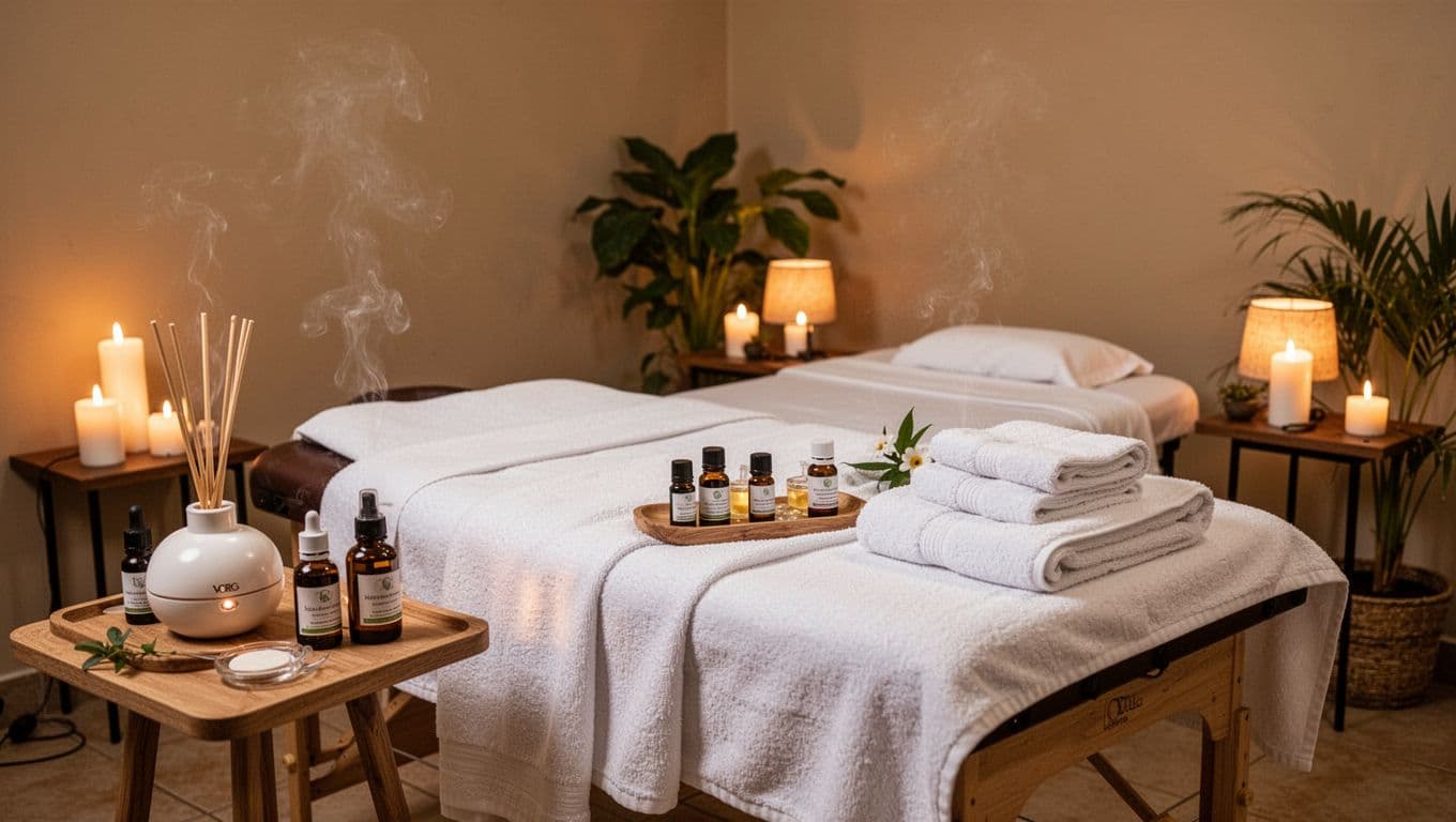 A serene, empty spa treatment room in Kilimani Nairobi style features a massage table with fresh linens and towels, essential oils, diffuser, soft candle and lamp lighting, and plants for a relaxing aromatherapy atmosphere.