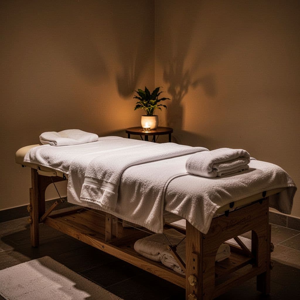 A wooden massage table covered in crisp white linens sits inside a dim room. Warm amber lights illuminate the textured walls, while a small potted plant rests on a side table.