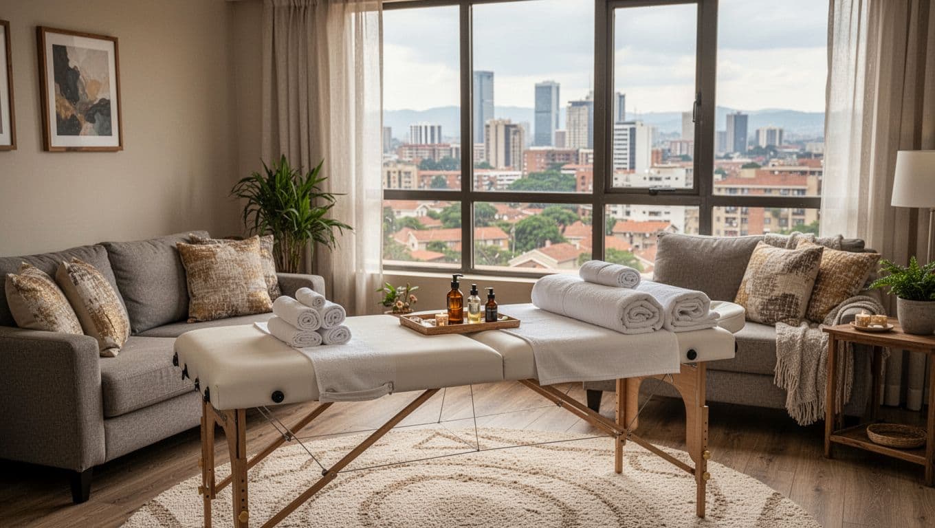 Massage Nairobi: How to Choose the Right Spa and Treatment 4 Cozy living room in a Nairobi apartment set up for mobile massage with a table, towels, and oils ready beside a city view window, natural daylight creating a serene, realistic atmosphere without people or text.
