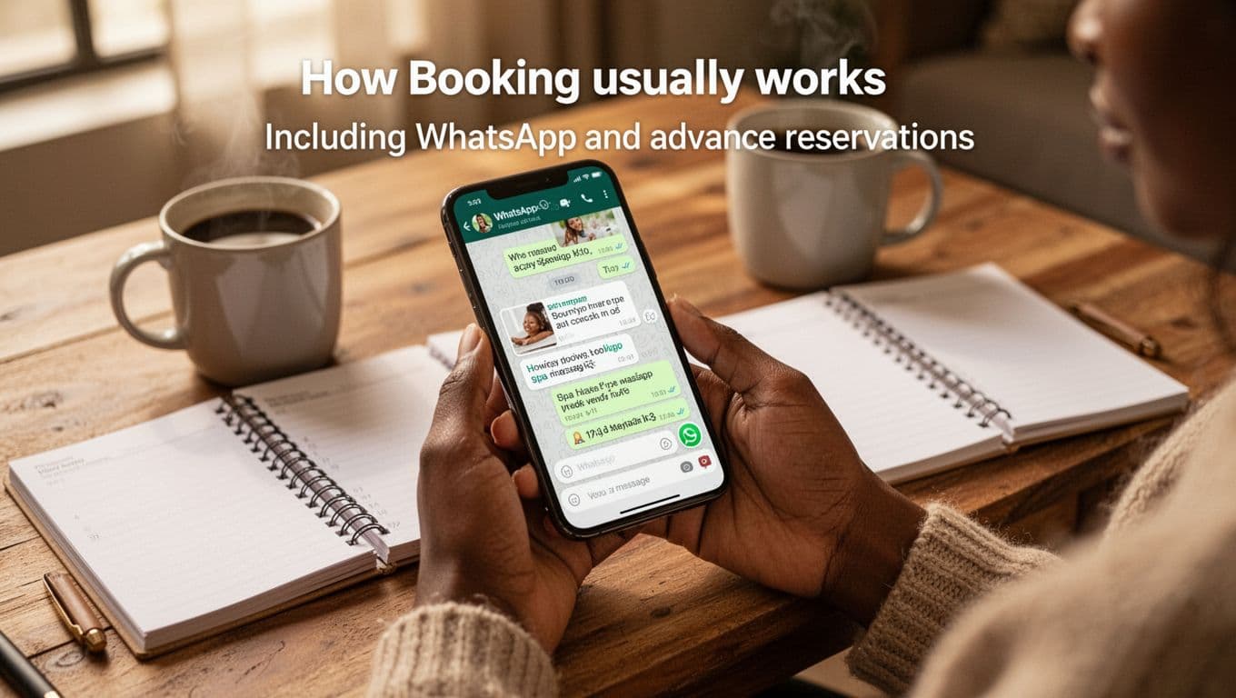 Massage Nairobi: How to Choose the Right Spa and Treatment 7 Cozy Nairobi apartment with hands holding a smartphone open to a blurred WhatsApp chat for spa massage booking, coffee mug and planner on wooden table, warm daylight, realistic style.