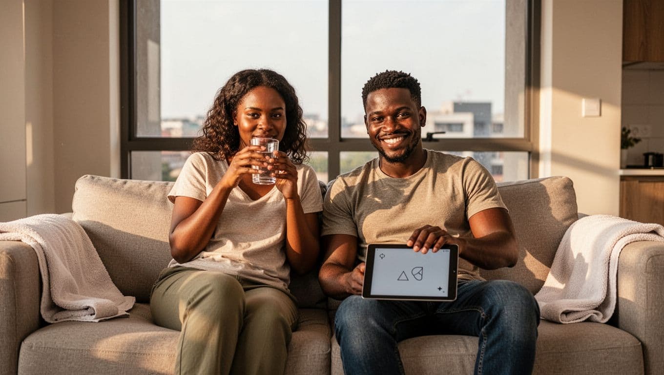 A relaxed Nairobi couple at home prepares for massage: woman sips water from a glass, man displays simple massage type icons on his phone, both smiling on a sofa with towels nearby in warm natural light.