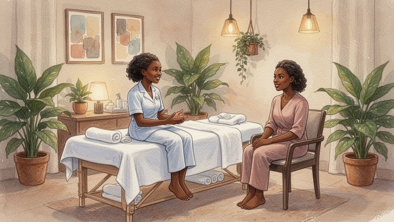 Watercolor illustration of a cozy Nairobi spa room featuring a gentle pre-massage consultation between one therapist and one client, with warm lighting, clean white linens on the massage table, and potted green plants.