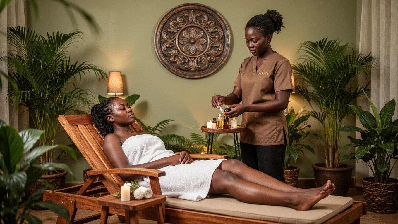 Relaxed client in cozy Nairobi spa lounge with warm lighting, tropical plants, wooden furniture, and therapist certification badge on wall; skilled therapist prepares oils nearby under bold 'Skilled Therapists' header.