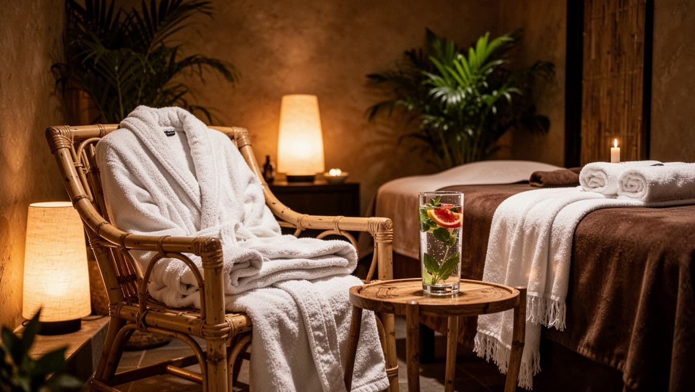 Serene empty relaxation nook in an upscale spa with soft glowing lamps, folded robe on bamboo chair, infused water, fresh linens, and subtle green foliage in warm earthy tones, evoking deep calm and bliss through cinematic lighting.