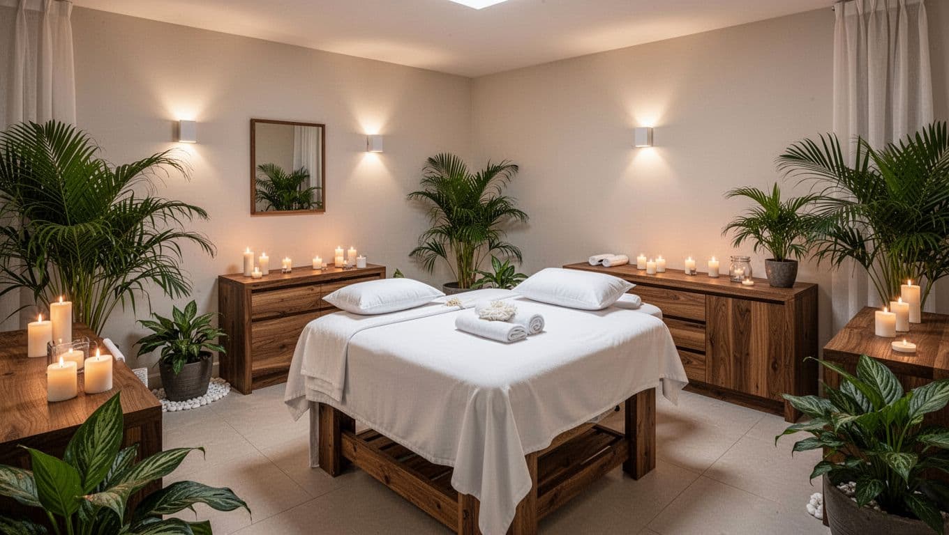 Best Full Body Massage Spa in Nairobi 6 Serene cozy private full body massage room in upscale Nairobi Kilimani spa with warm soft lighting, plush massage table, tropical plants, scented candles, and modern wooden decor for ultimate relaxation, no people present.