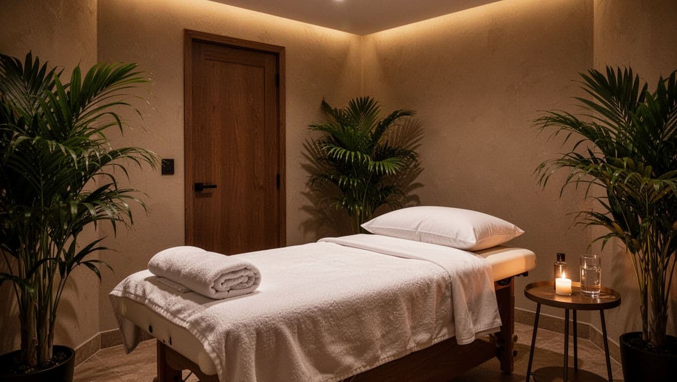 Massage Nairobi: How to Choose the Right Spa and Treatment 12 Serene empty spa treatment room with comfortable massage table, plush sheets, pillows, dim ambient lighting, closed door, tropical plants, side table with water and candle, emphasizing privacy and comfort.