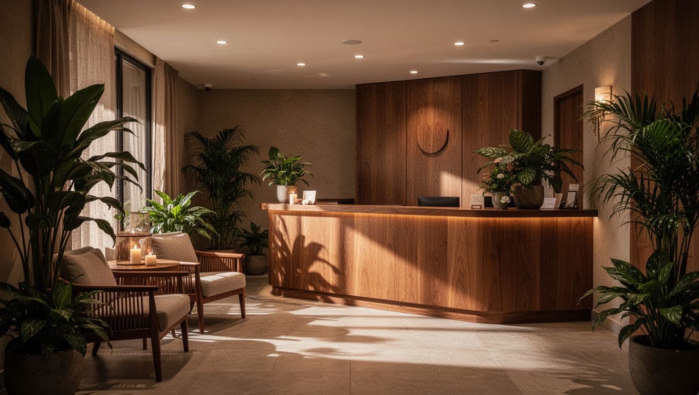 A warm wooden spa reception desk featuring soft ambient lighting and green plants.