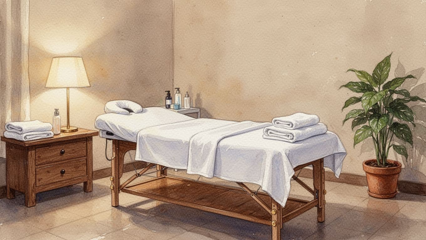 Watercolor-style painting of the empty, welcoming massage room at Urembo Parlour in Roysambu, Nairobi, featuring a draped table, towels, plants, warm lamp lighting, and wooden elements.