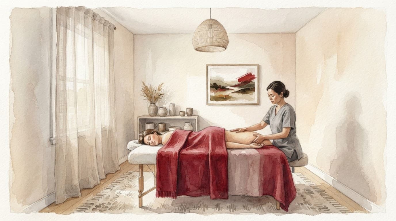 Westlands Nairobi Massage: How to Choose a Safe, Quality Session 17 Xxnairobi Escorts-Nairobi Escorts Near You For Fun Minimalist indoor wellness space painted in soft watercolor with a bold red accent.