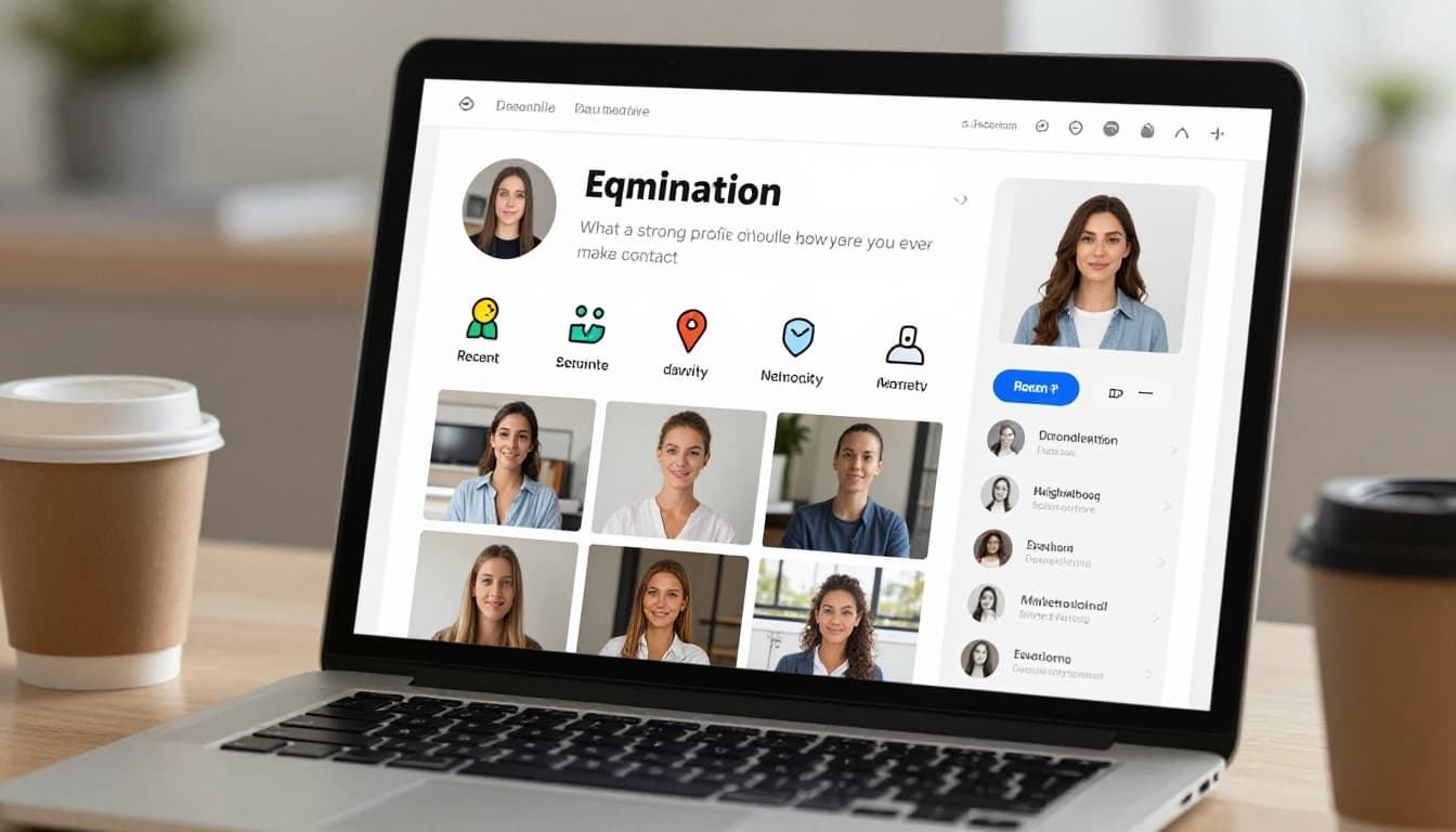 Close view of a detailed escort profile on a laptop screen featuring recent photos, verification badge, recent activity icons, neighborhood pin, and contact button in a photorealistic style with soft office lighting.