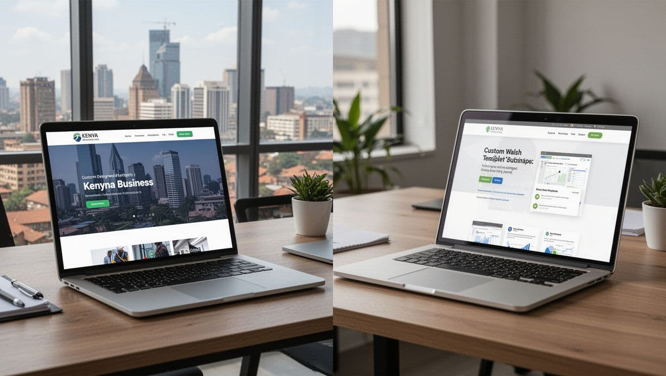 Split composition: left side sleek custom Kenyan business website on laptop in modern Nairobi office with skyline view, right side generic template website on another laptop, realistic photography, natural daylight, two laptops only, no people or text.