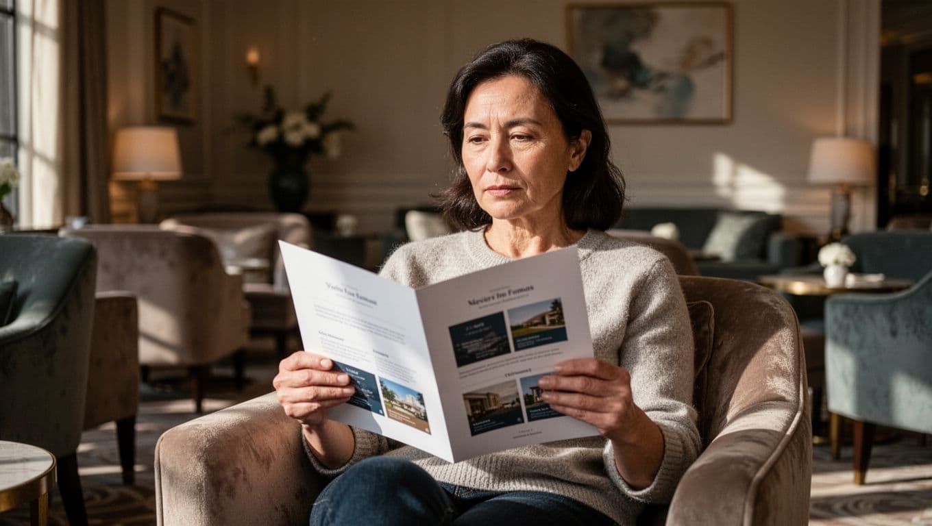 A woman sits in a tranquil, dimly lit lounge while examining a neatly designed spa service brochure. Soft ambient lighting highlights the elegant paper layout against the plush textured seating.