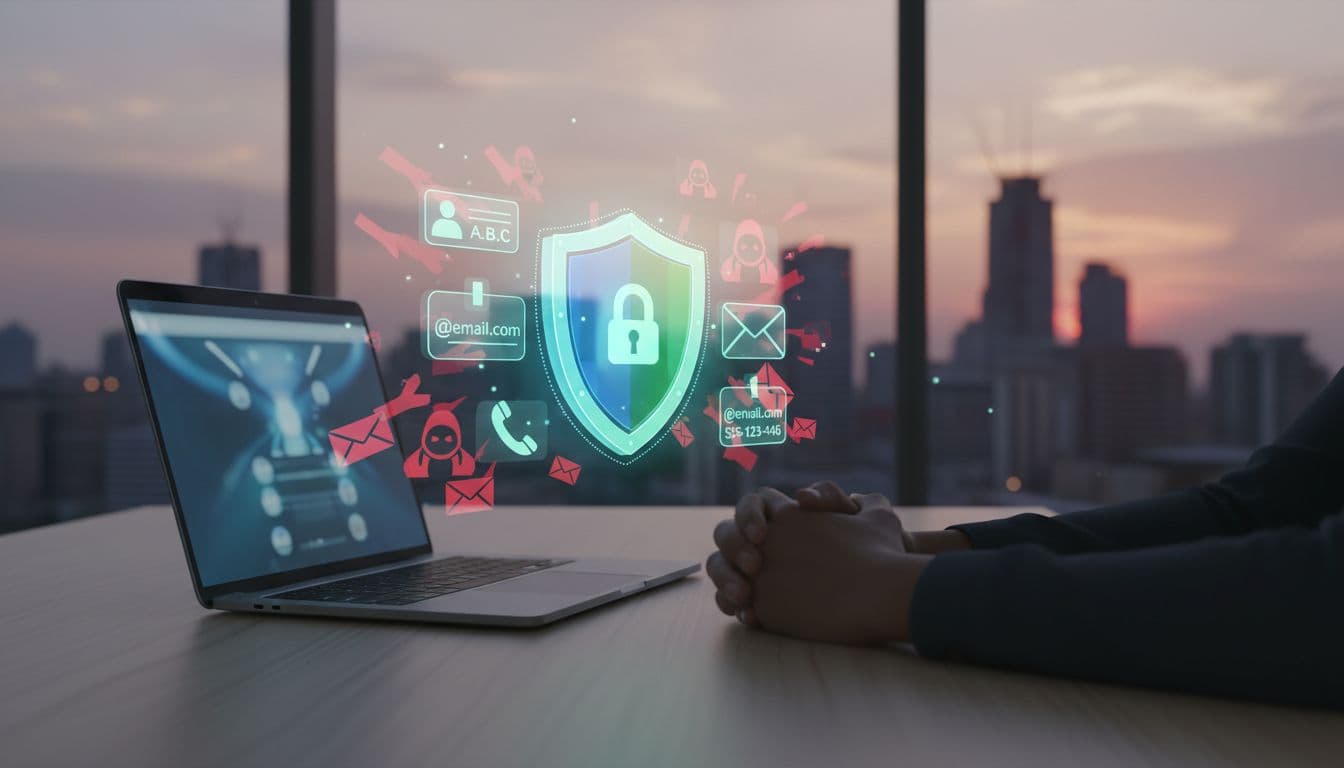 Symbolic digital shield locks personal info icons like name, email, and phone from spam emails and hackers on a modern office desk with laptop and Kenyan skyline view.