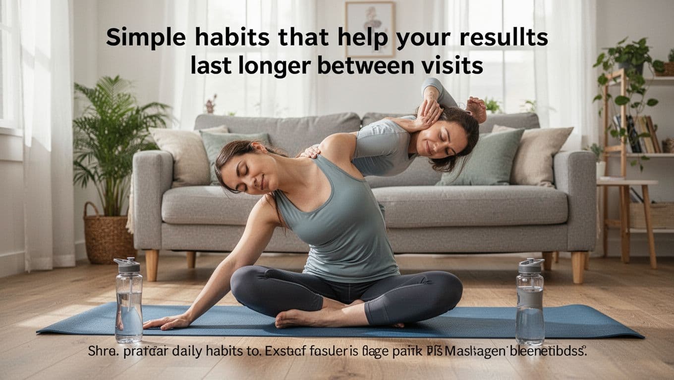 Deep Tissue Massage 12 A relaxed person performs simple daily stretches like seated forward bend and shoulder rolls at home after deep tissue massage, in a bright living room with yoga mat and water bottle.