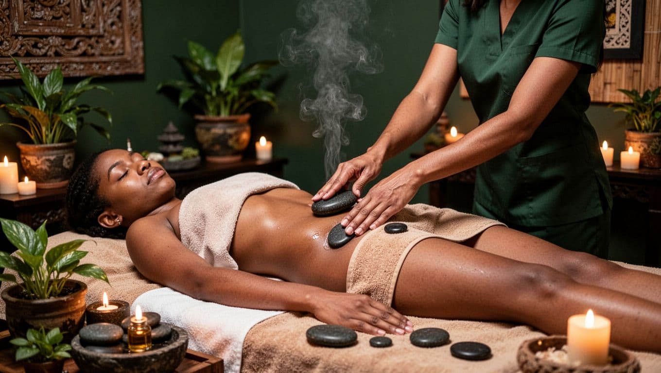A client reclines on a spa bed in a tranquil Nairobi spa adorned with essential oils, greenery, candlelight, and Balinese decor, as a therapist applies deep rhythmic strokes using hot sea stones to the lower back and legs in warm ambient lighting for a serene mood. Bold editorial style features a top muted dark-green band with 'Deep Calm' in Montserrat Black font.